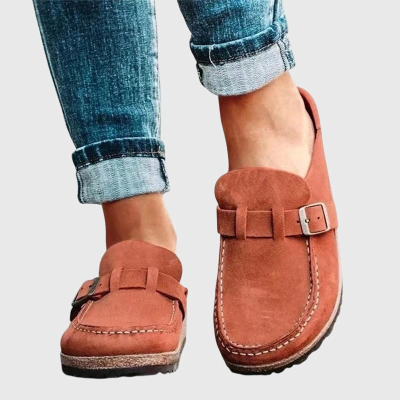 Maeve | Women's Suede Loafer Clog Mule Beige Buckle Detail