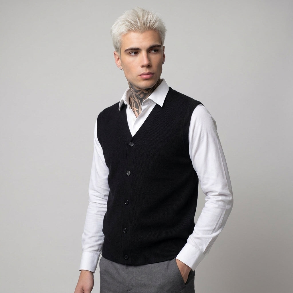 Dama Washington Beau button up V neck sweater vest Black - model front view