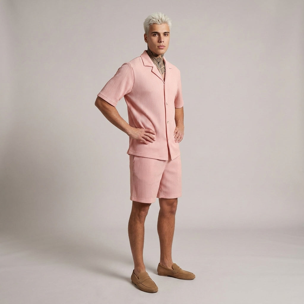 Dama Washington Callum ribbed short sleeve sweatsuit set Pink - full outfit model view