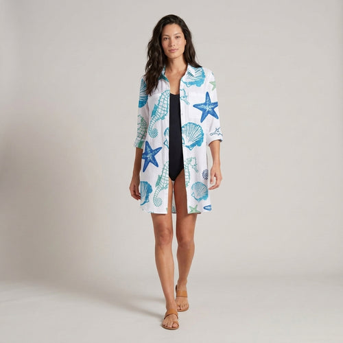 Dama Washington Ada printed beach cover up shirt dress Blue Seahorse - full outfit model view
