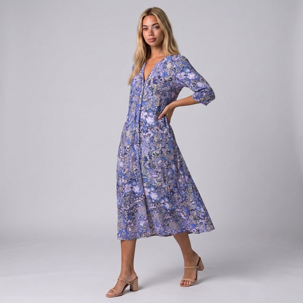 Dama Washington Nina floral V neck midi dress Blue - full outfit model view