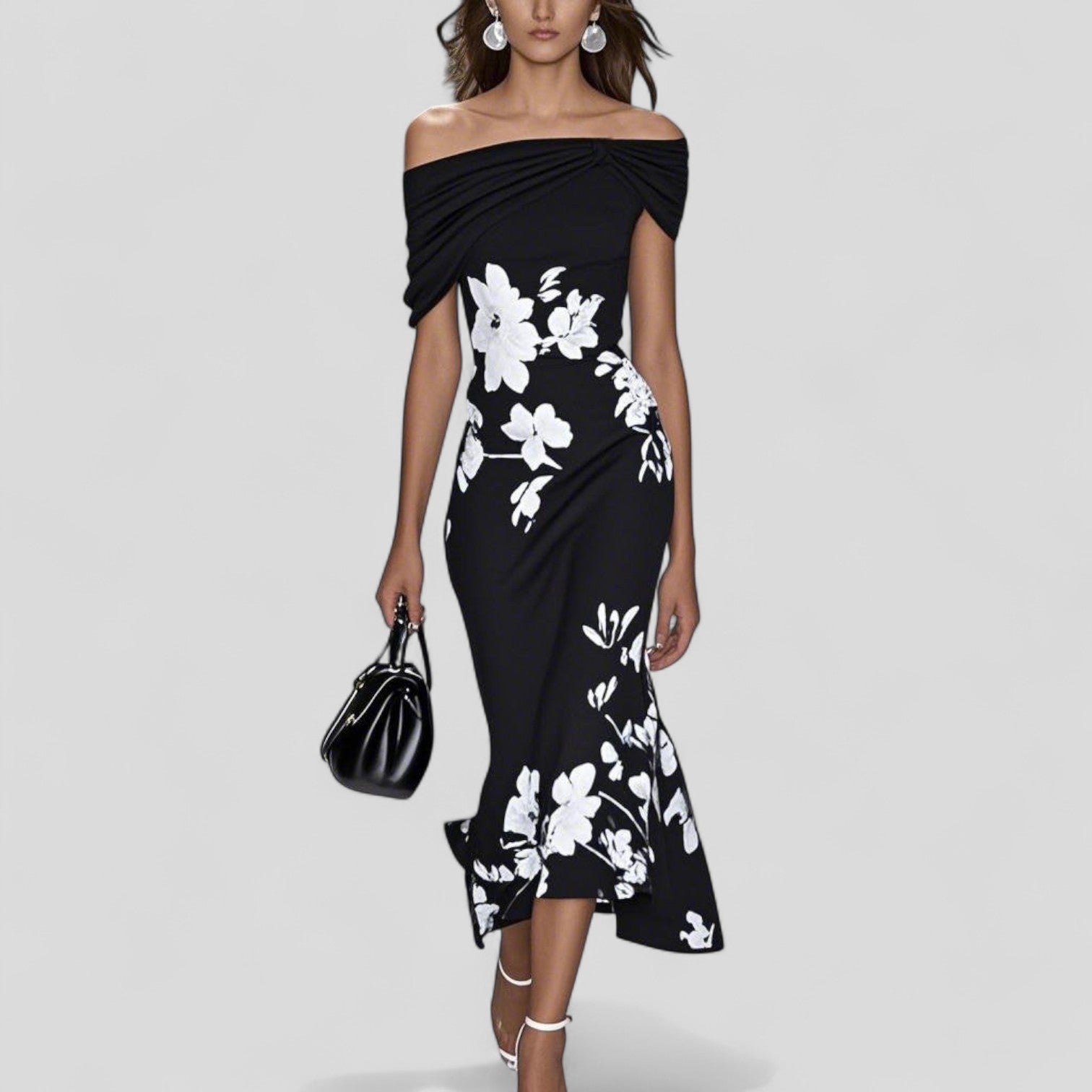 Ada | Women's Off Shoulder Floral Midi Dress Green White