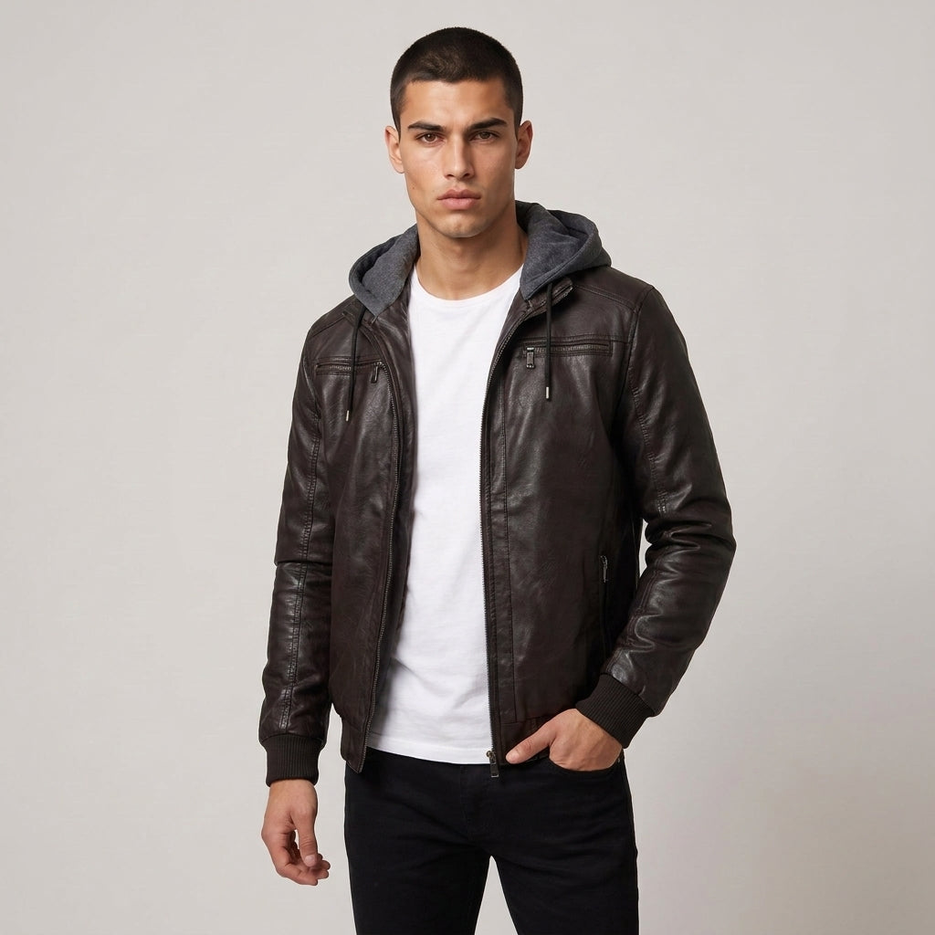 Dama Washington Voss hooded leather bomber jacket Dark Brown - model front view