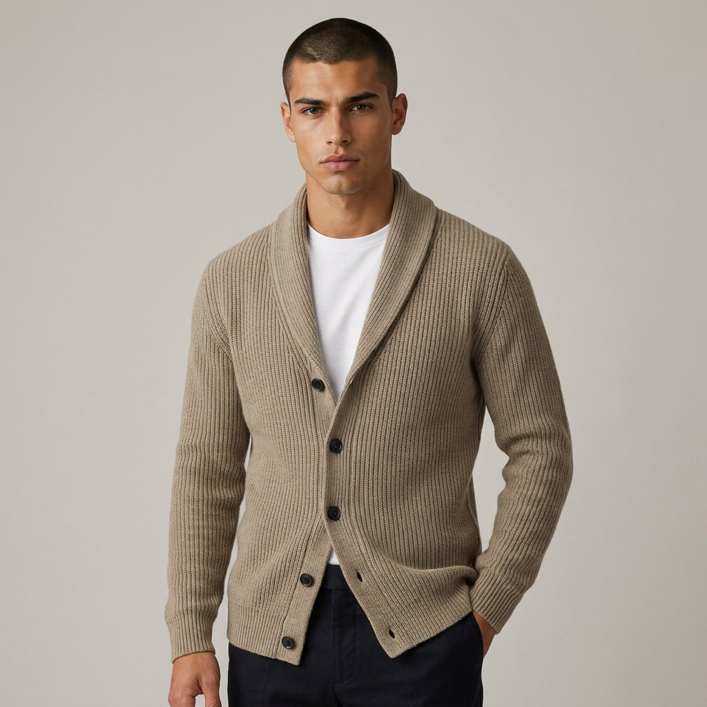 Dama Washington Blake men's ribbed knit shawl collar cardigan Grey - model front view