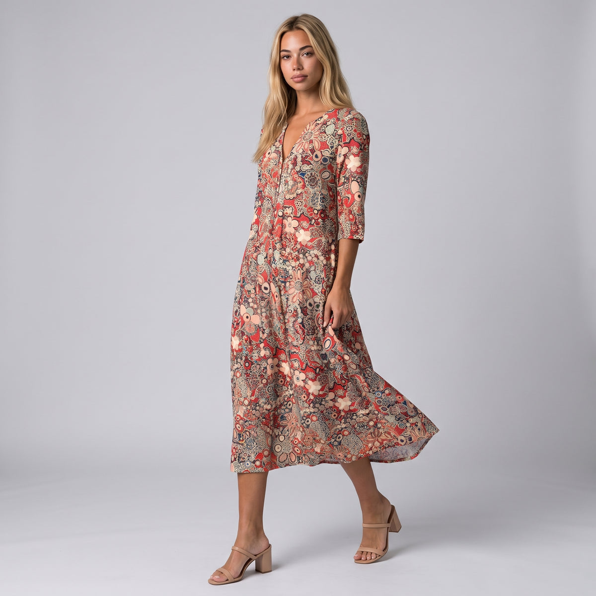Dama Washington Nina women's floral midi dress V neck three quarter sleeve - model front view