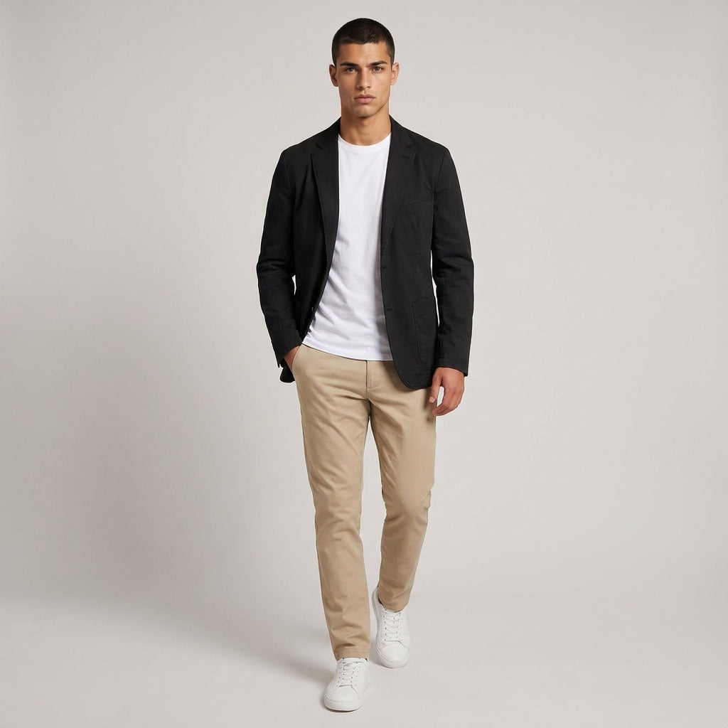 Dama Washington Voss men's casual lightweight blazer Black cotton - full outfit model view