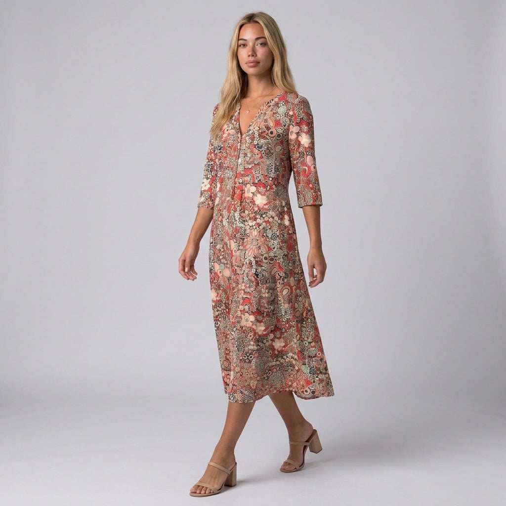 Dama Washington Nina floral V neck midi dress Red - full outfit model view