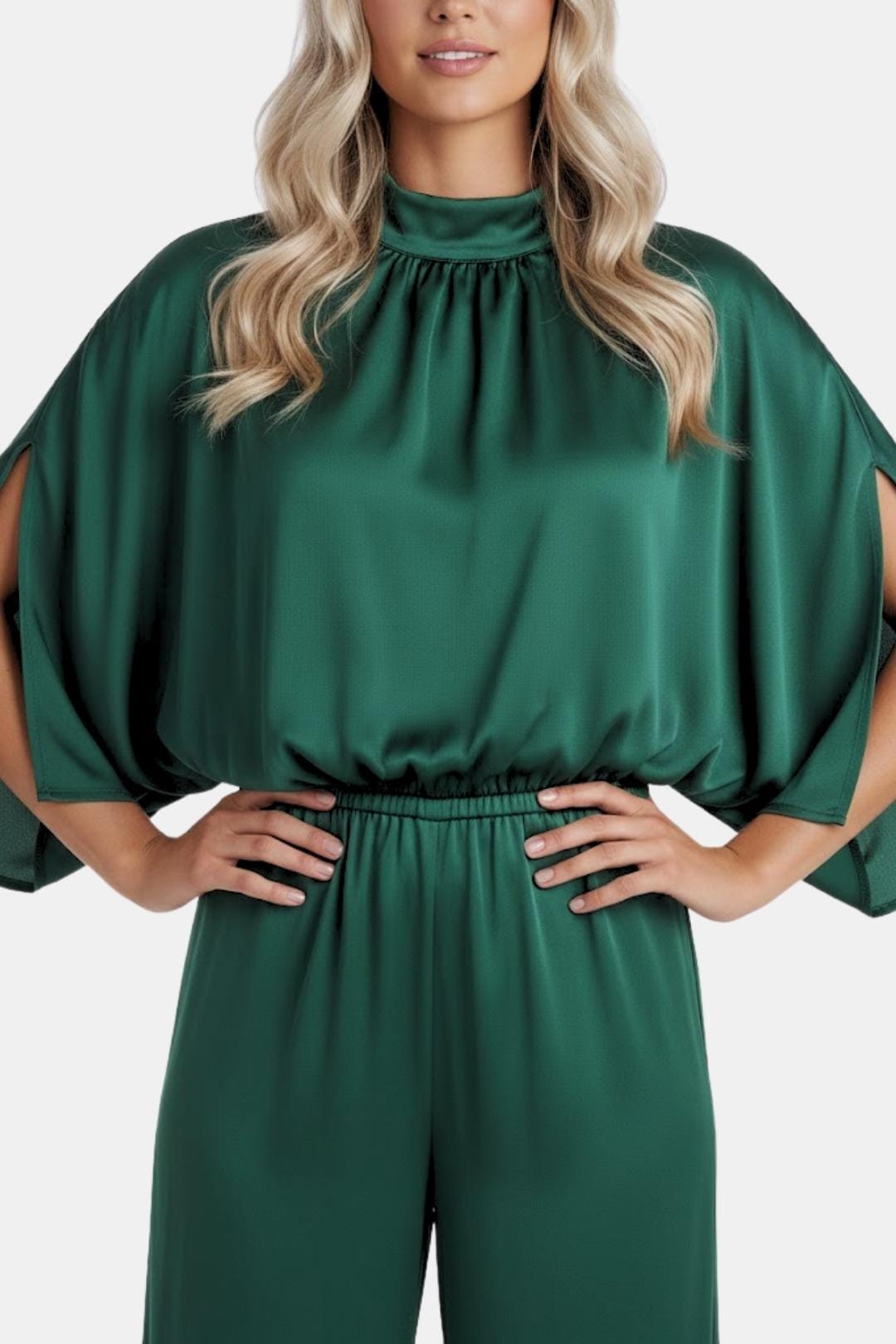 Opal | Women's Satin Wide Leg Jumpsuit Green Mock Neck