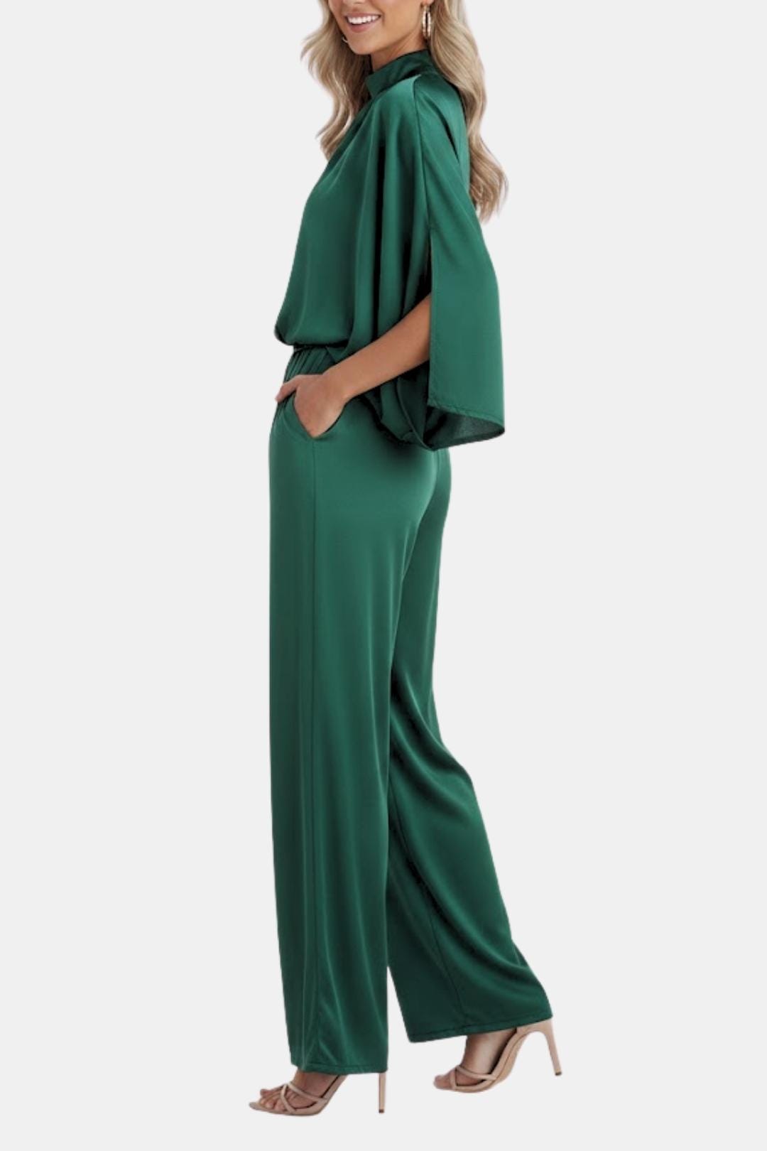 Opal | Women's Satin Wide Leg Jumpsuit Green Mock Neck