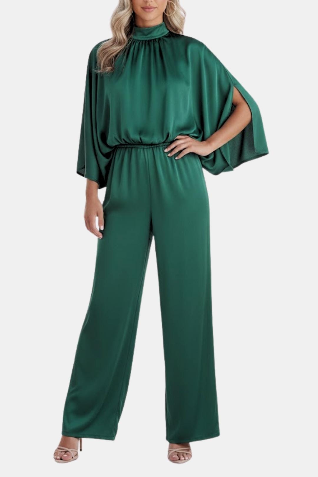 Opal | Women's Satin Wide Leg Jumpsuit Green Mock Neck