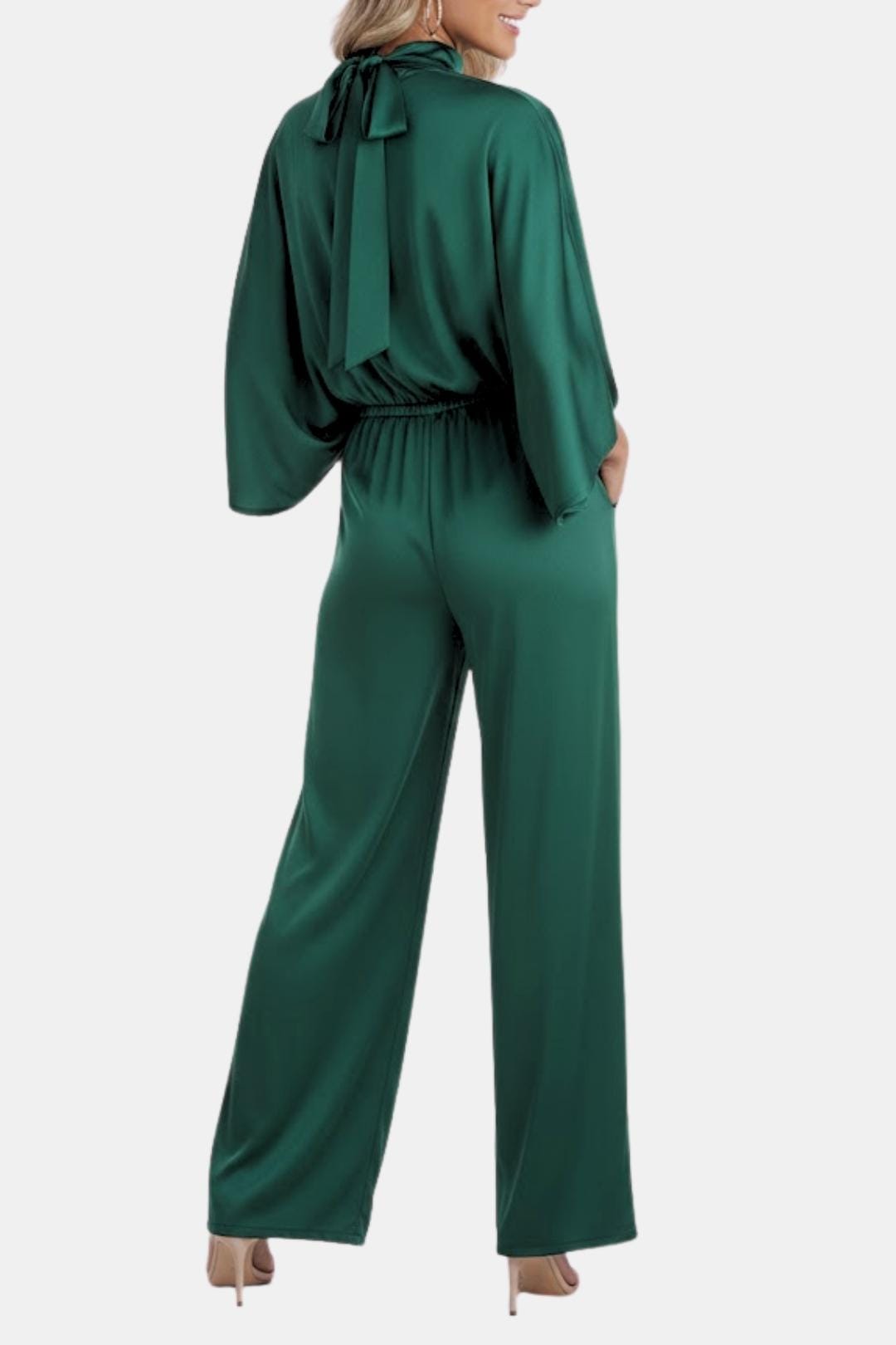 Opal | Women's Satin Wide Leg Jumpsuit Green Mock Neck