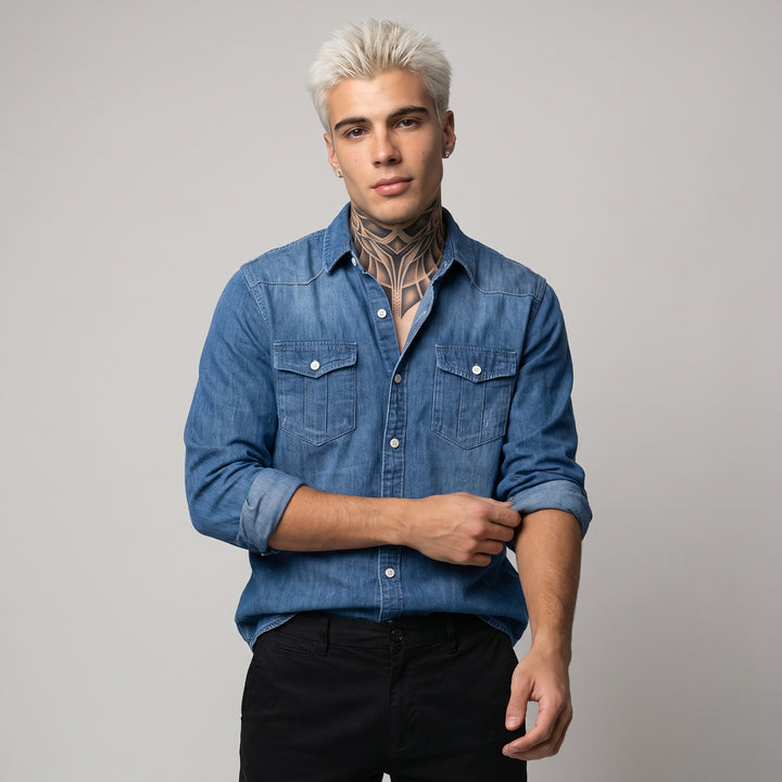 Dama Washington Soren men's denim shirt medium blue long sleeve button up - model front view