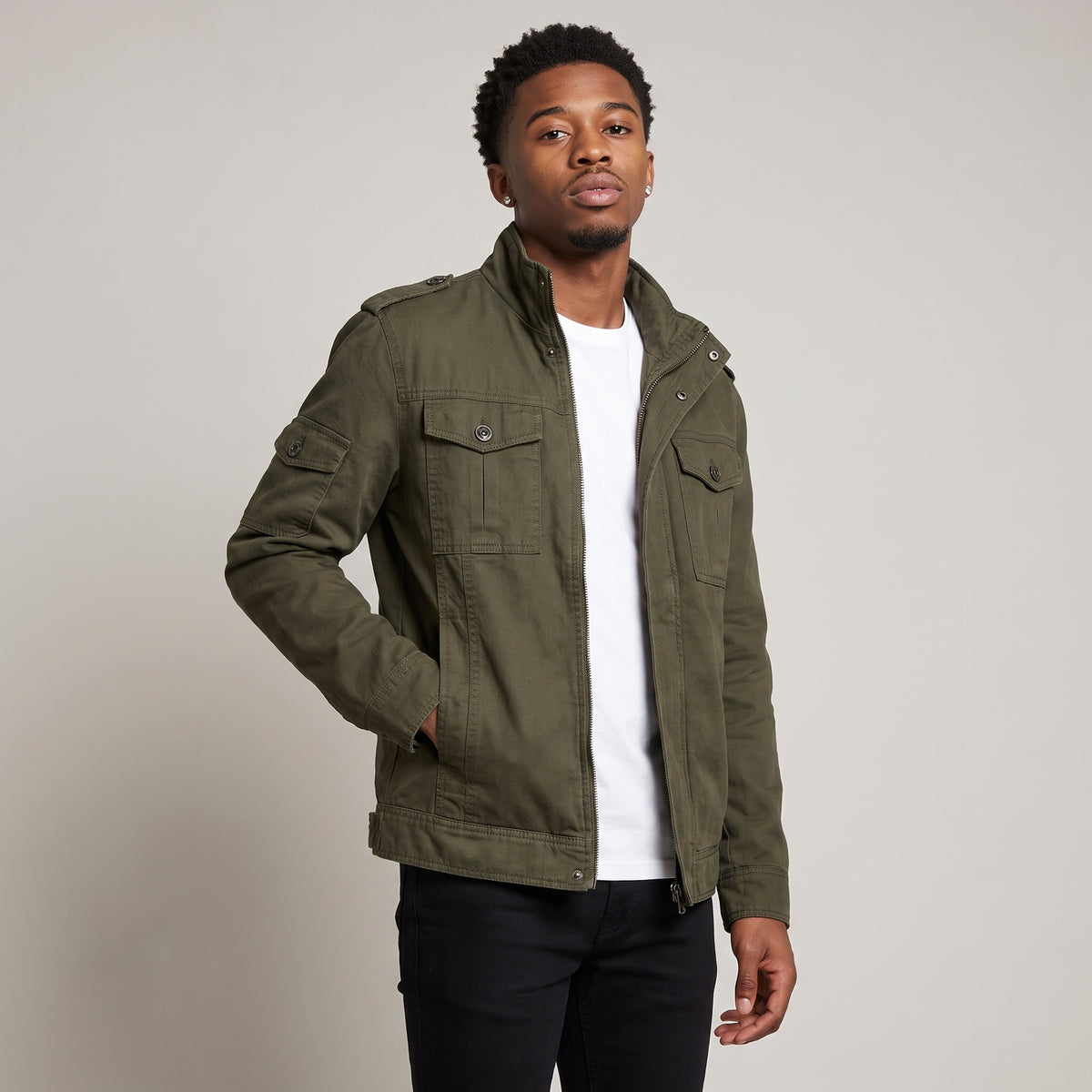 Dama Washington Flint men's military cargo jacket olive green stand collar - model front view