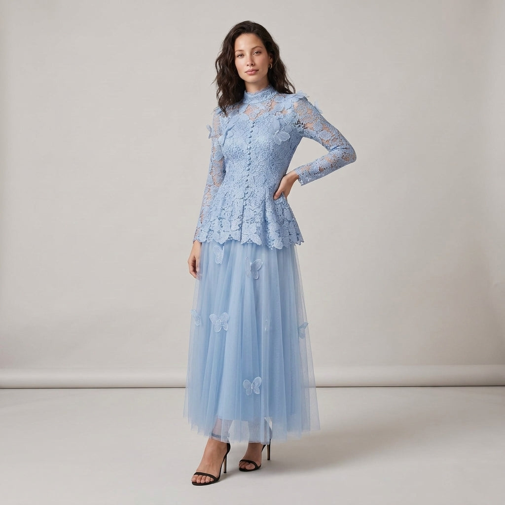 Dama Washington Rue long sleeve lace maxi dress Blue - full outfit model view