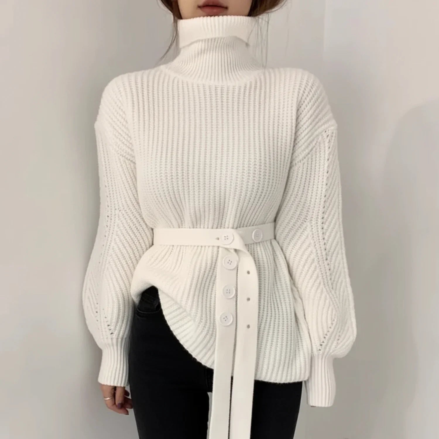 Isla | Women's Turtleneck Sweater Red Ribbed Knit Belted