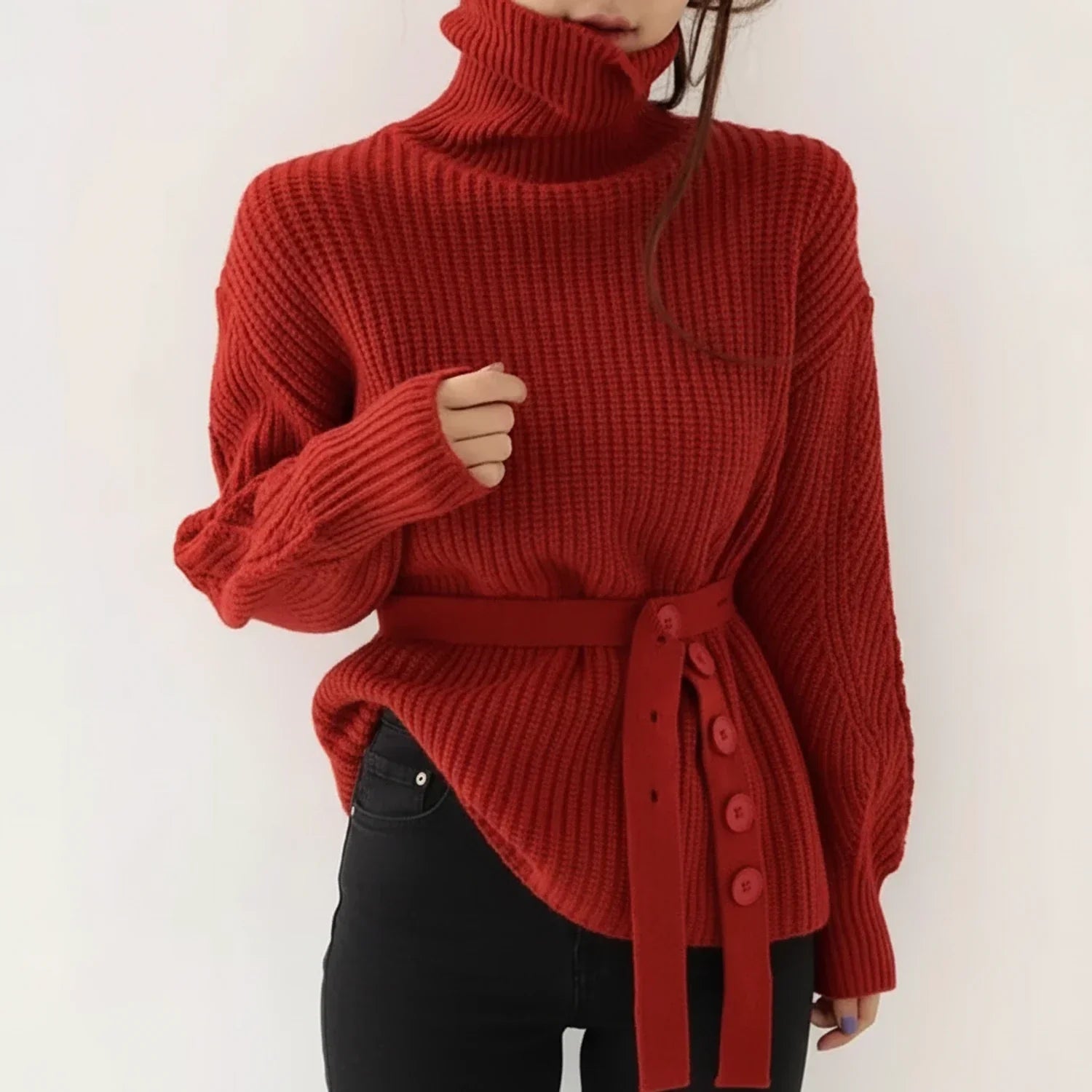 Isla | Women's Turtleneck Sweater Red Ribbed Knit Belted