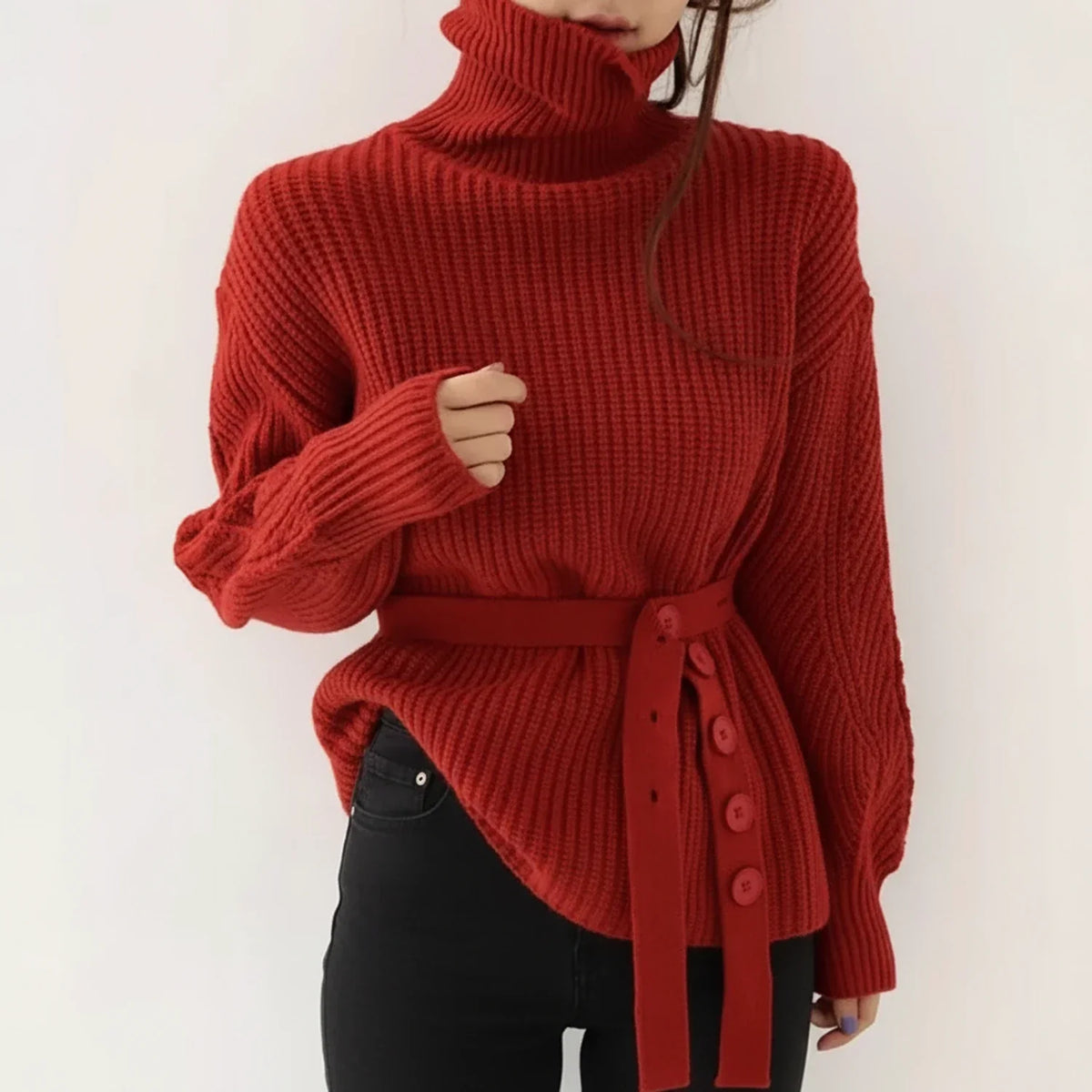 Dama Washington Isla women's turtleneck sweater red ribbed knit belted - view 3