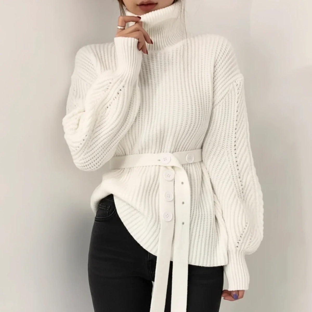 Dama Washington Isla women's turtleneck sweater red ribbed knit belted - view 4