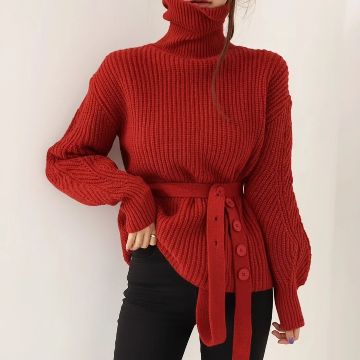 Dama Washington Isla women's turtleneck sweater red ribbed knit belted - front view