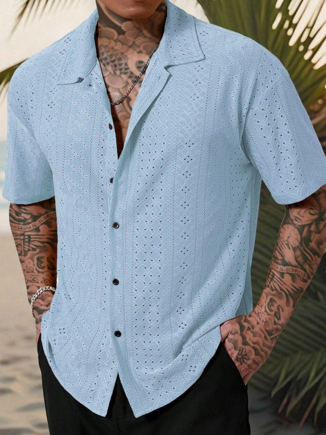 Callum | Men's Light Blue Eyelet Button Up Shirt Short Sleeve