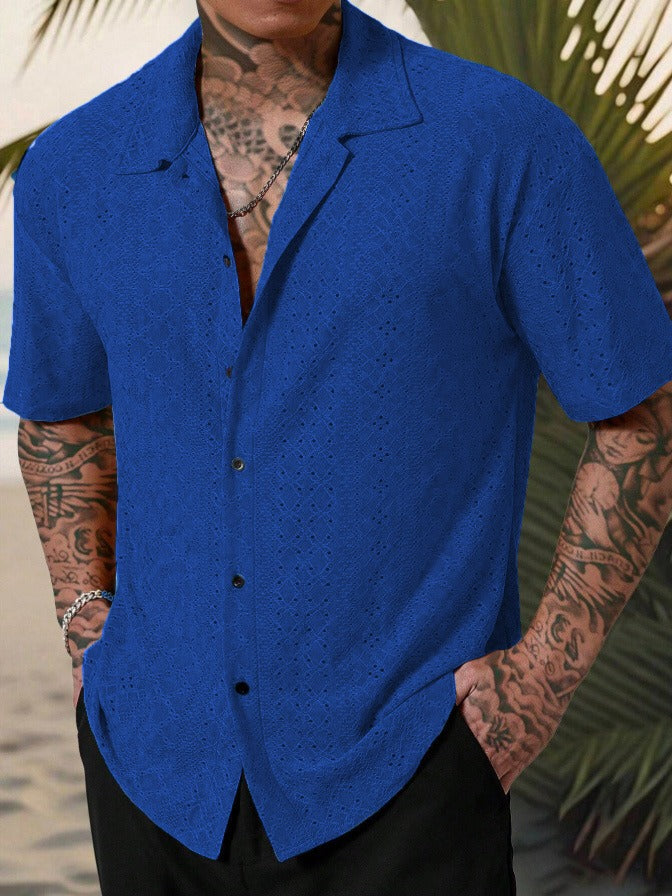 Callum | Men's Light Blue Eyelet Button Up Shirt Short Sleeve
