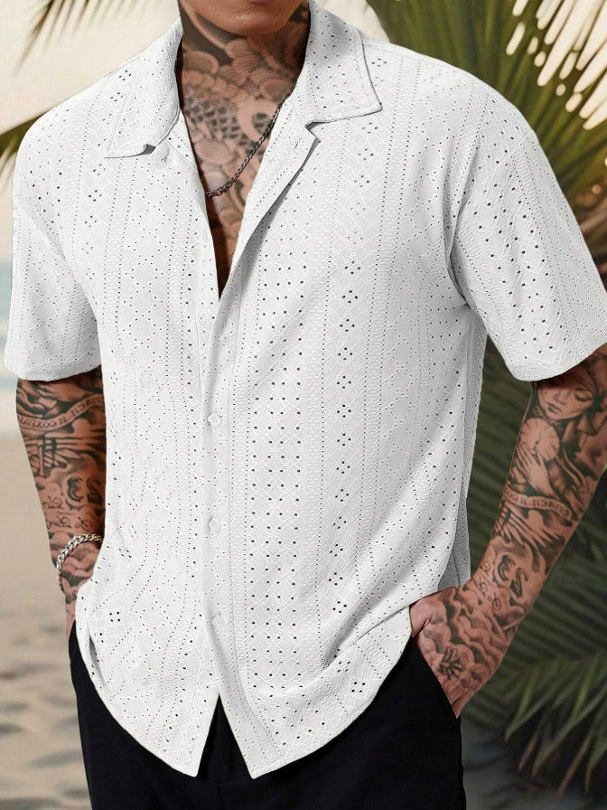 Callum | Men's Light Blue Eyelet Button Up Shirt Short Sleeve