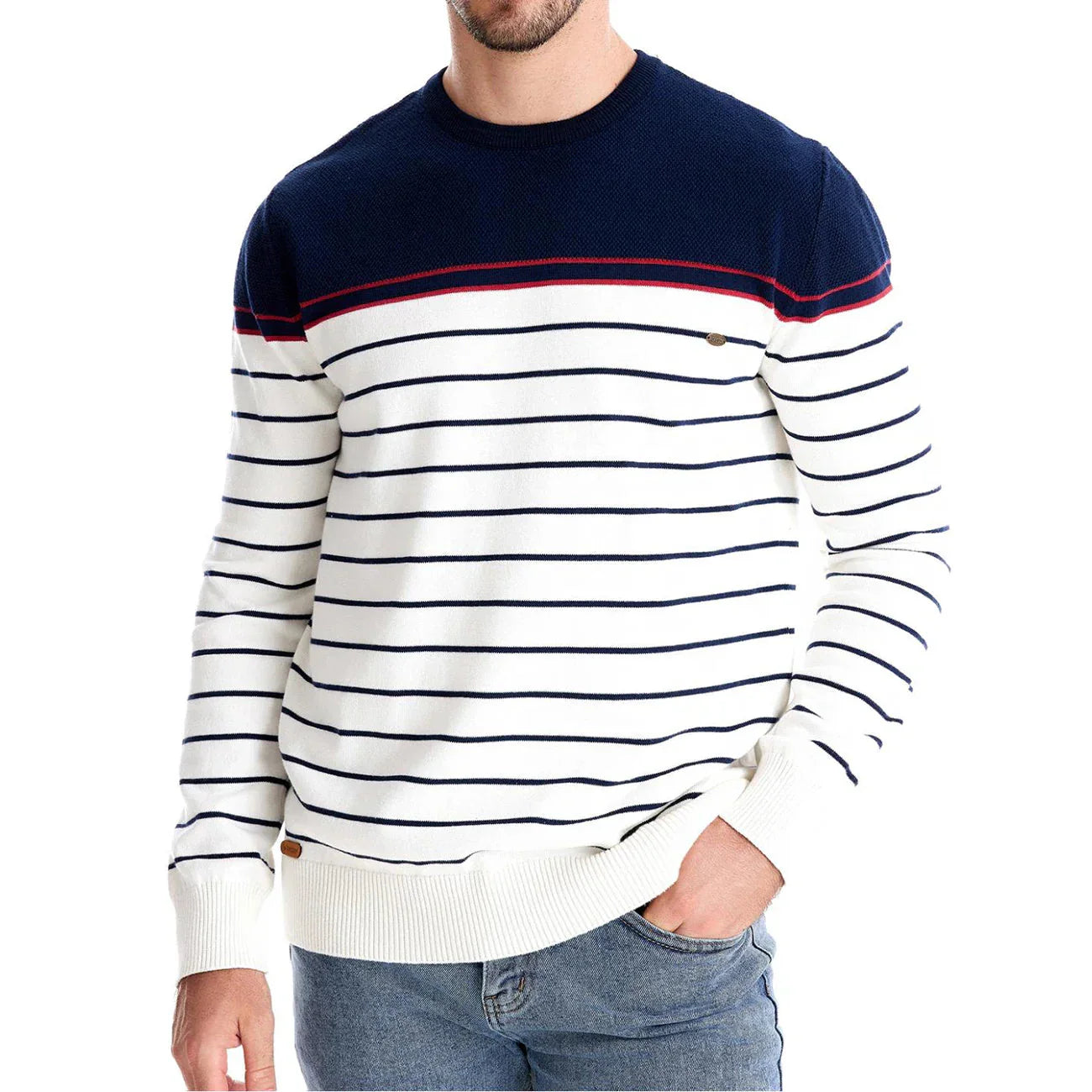 Rhys | Men's Striped Crew Neck Sweater Navy White Red