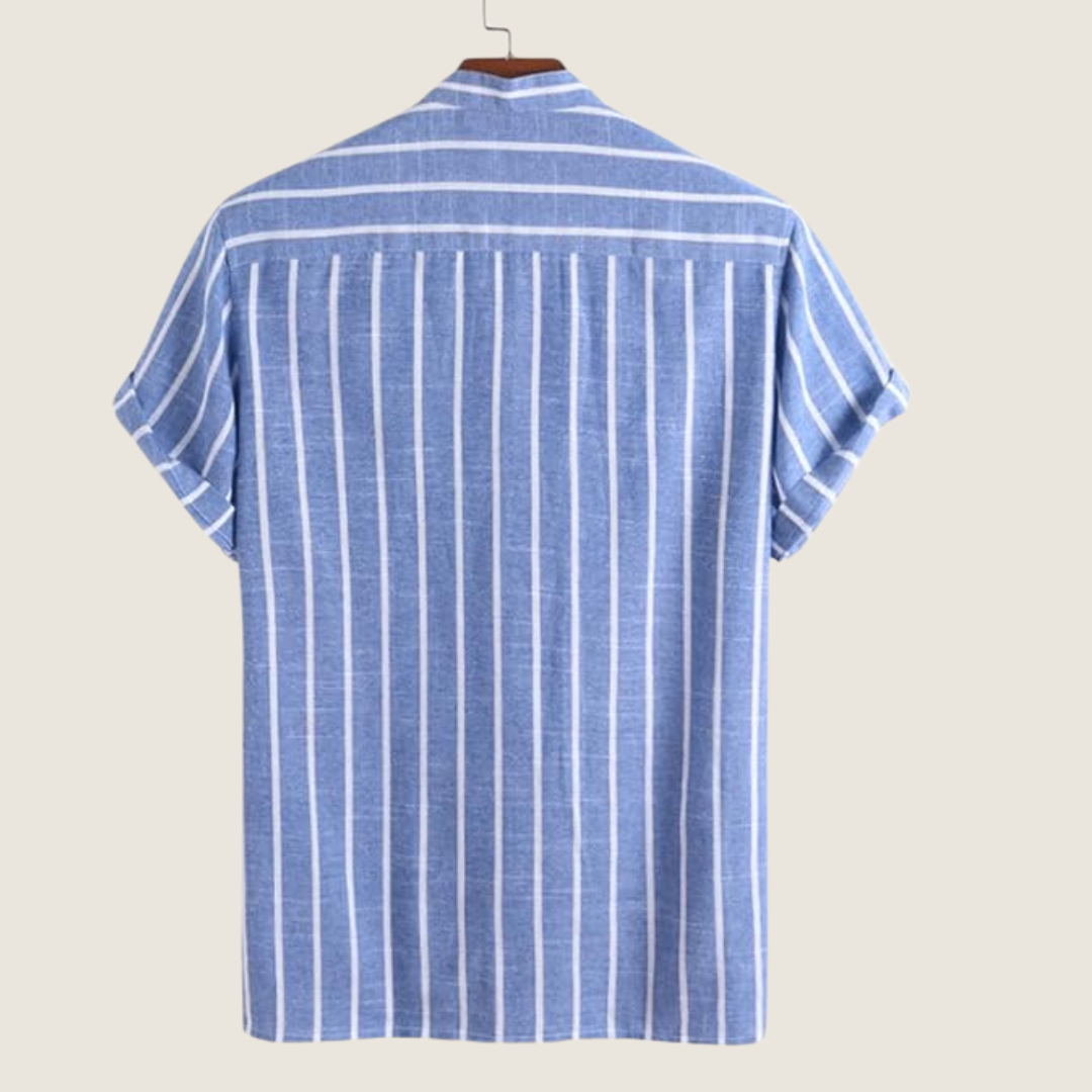 Ezra | Men's Striped Linen Shirt Light Blue Short Sleeve