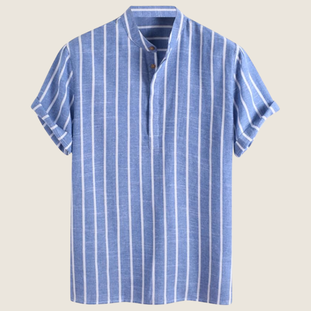 Ezra | Men's Striped Linen Shirt Light Blue Short Sleeve