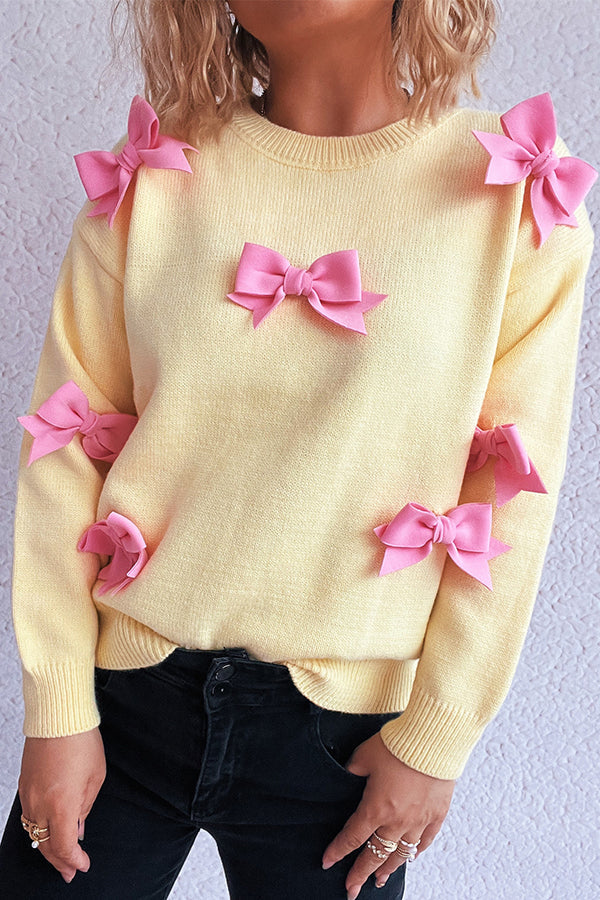 Adele | Women's Coquette Crew Neck Sweater Cream Bow Detail