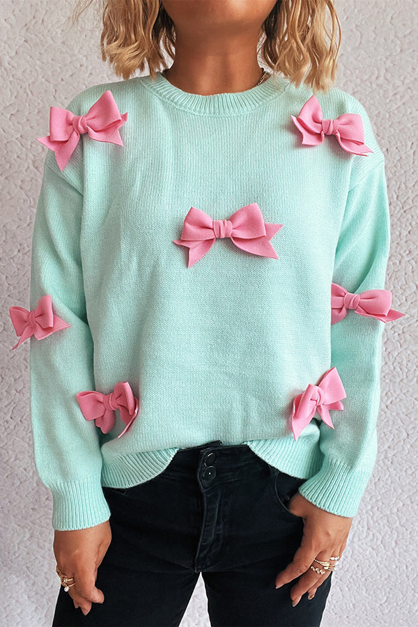 Adele | Women's Coquette Crew Neck Sweater Cream Bow Detail