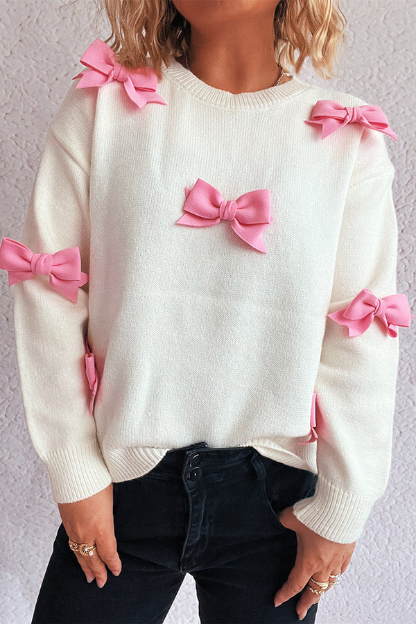 Adele | Women's Coquette Crew Neck Sweater Cream Bow Detail