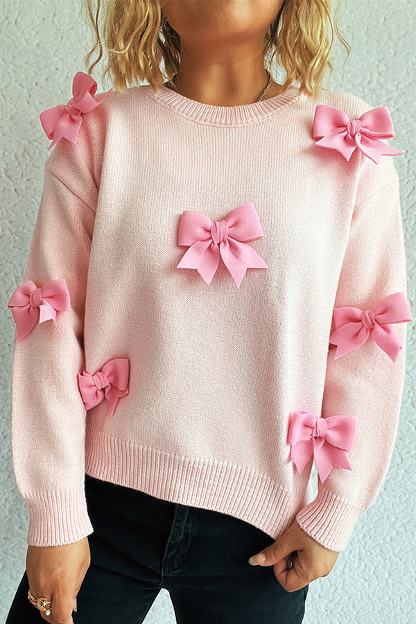 Adele | Women's Coquette Crew Neck Sweater Cream Bow Detail