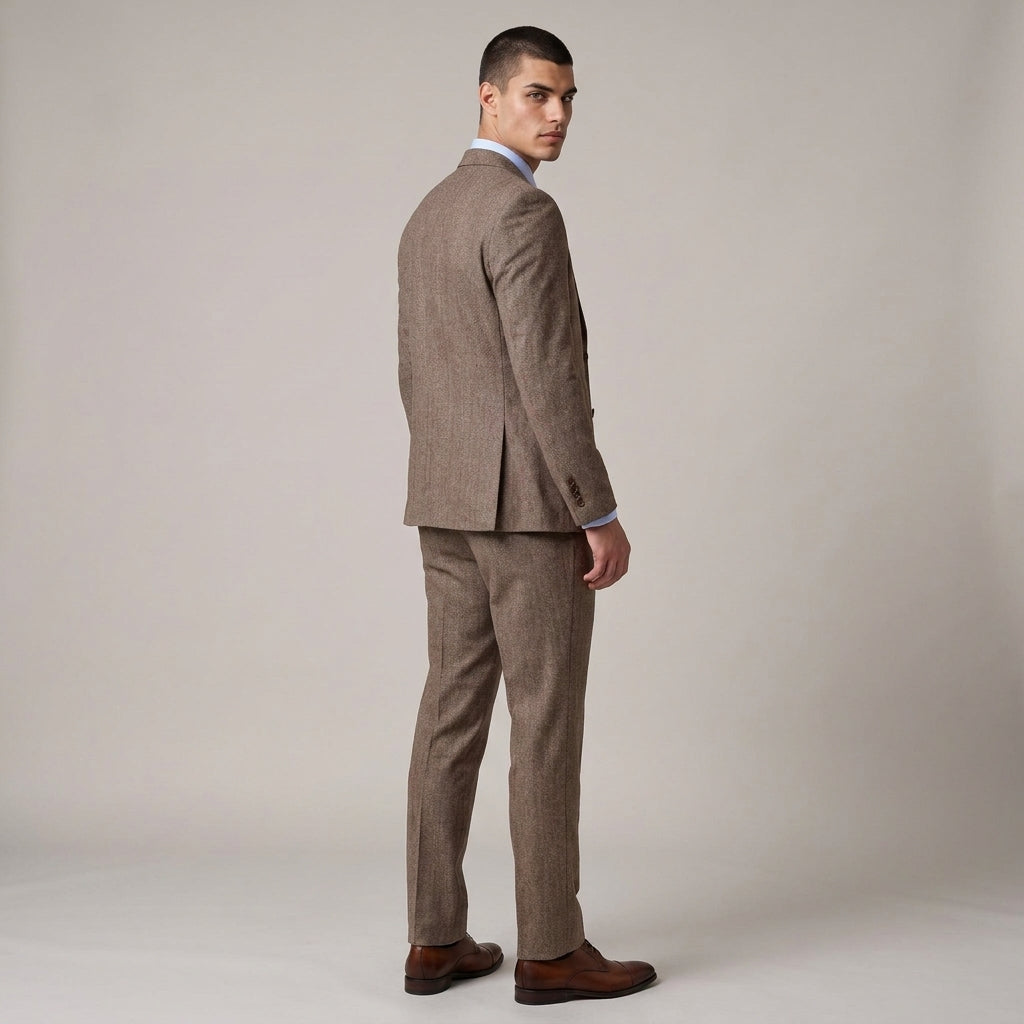 Dama Washington Jasper men's three piece tweed suit Brown slim fit - model back view