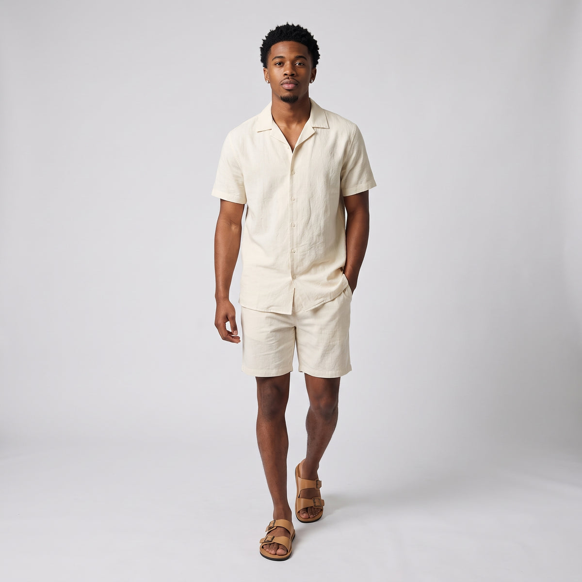 Dama Washington Kai men's linen shorts set cream button up short sleeve - full outfit model view
