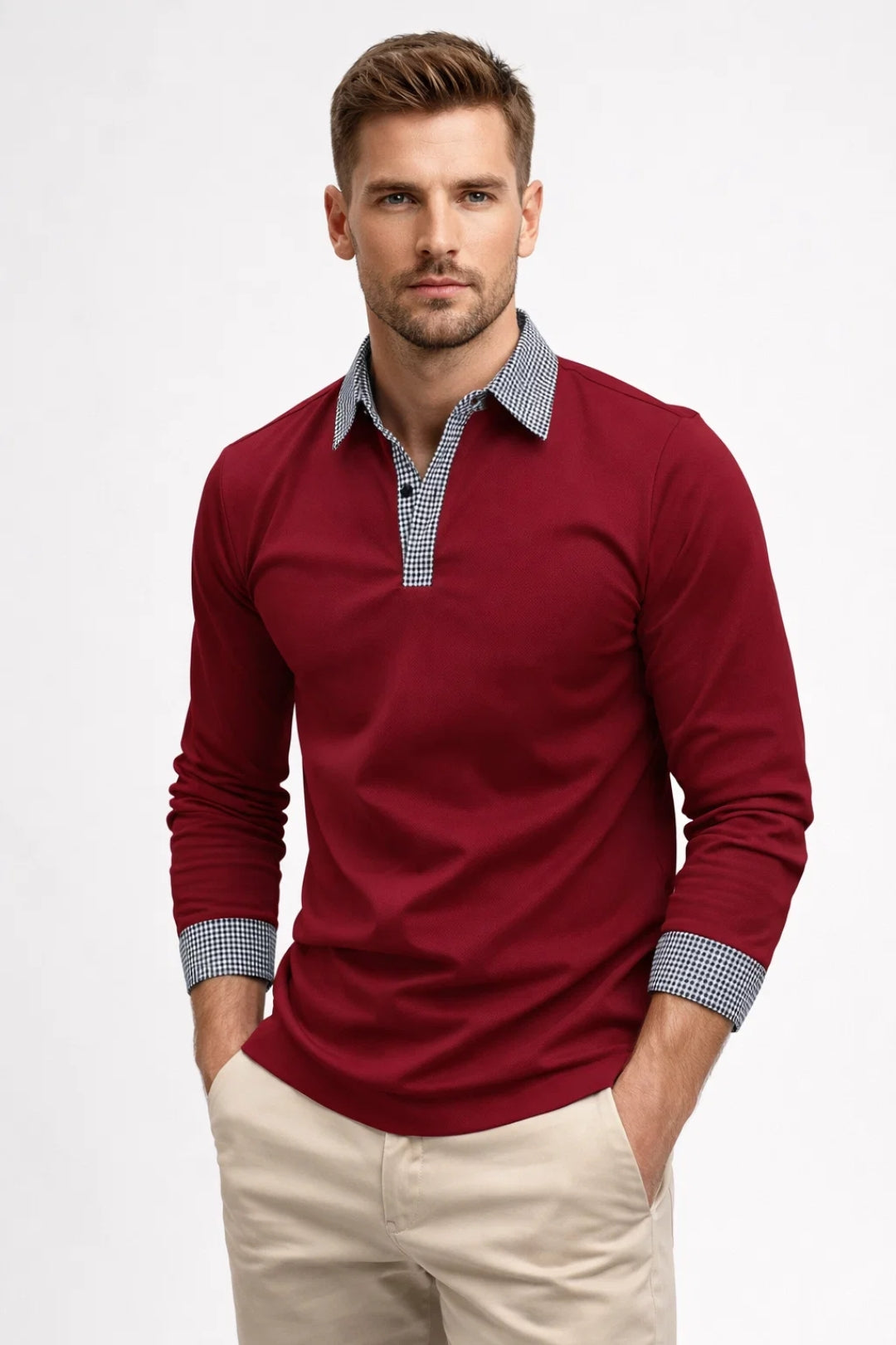 Jude | Men's Polo Shirt Long Sleeve Burgundy Checkered Collar