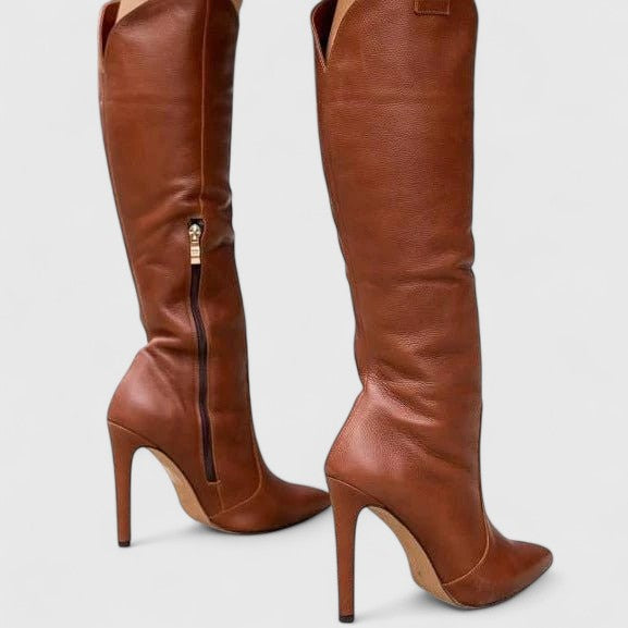 Aria | Women's Brown Leather Heeled Knee High Boots