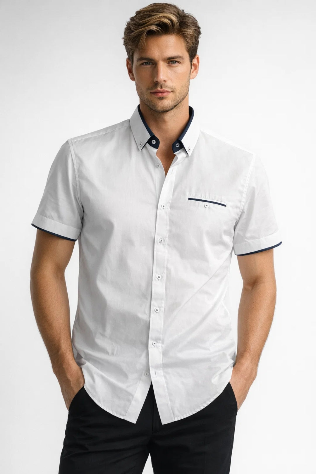 Kai | Men's Short Sleeve Button Up Shirt White Navy Trim
