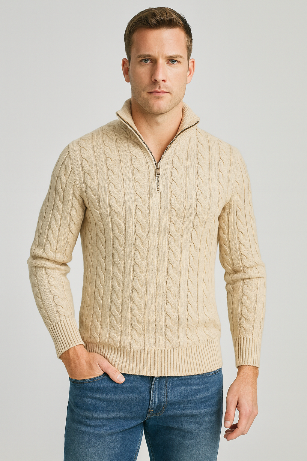 Luca | Men's Cable Knit Quarter Zip Sweater Gray