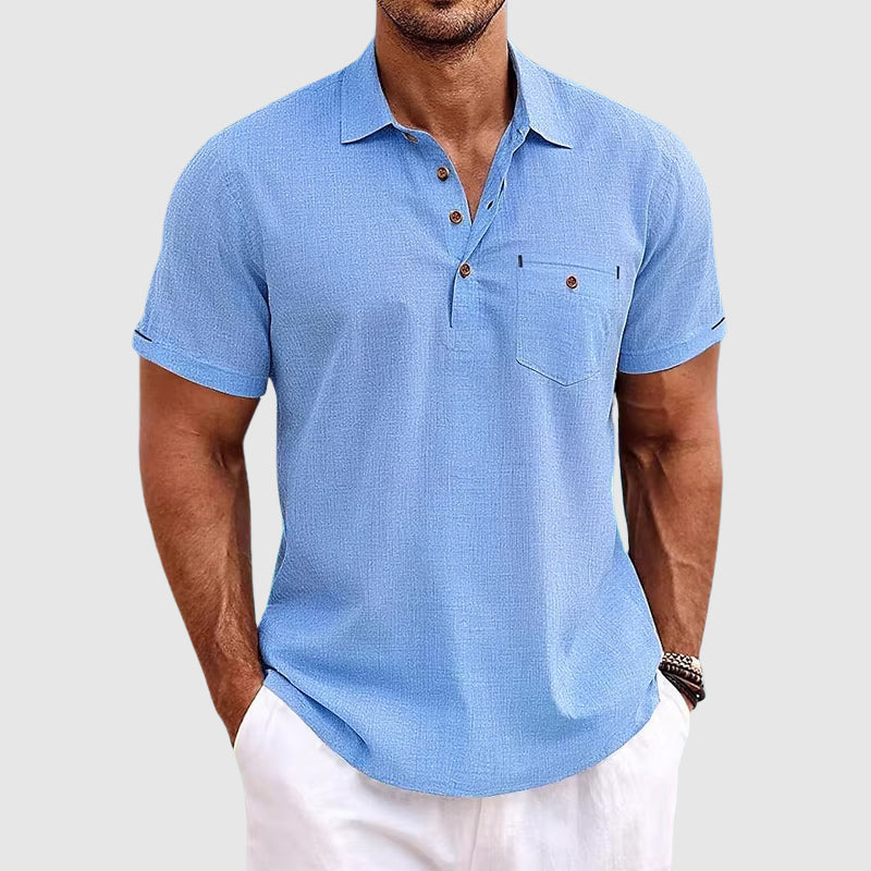 Cain | Men's Linen Polo Shirt Light Blue Short Sleeve