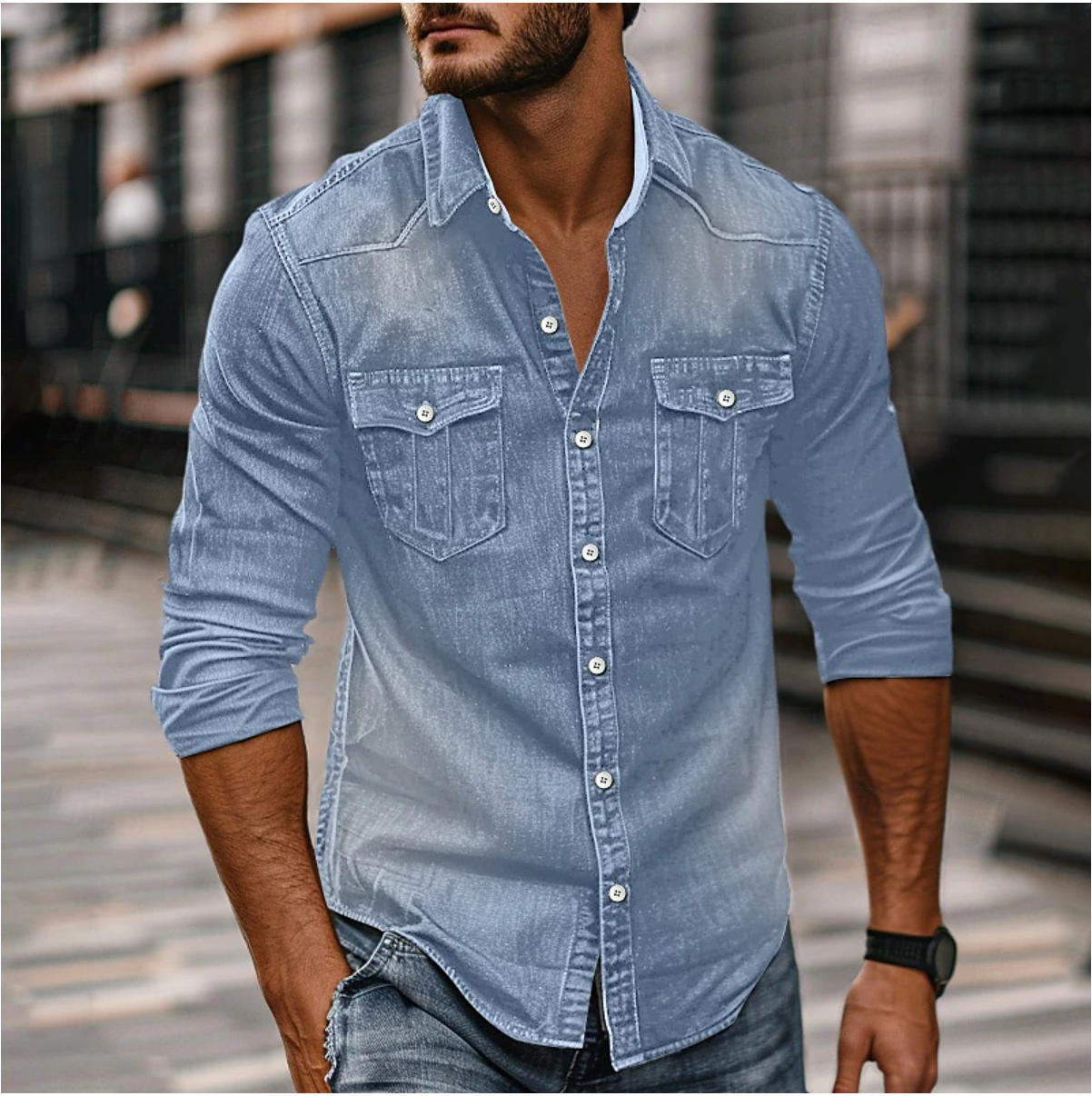 Soren | Men's Denim Shirt Medium Blue Long Sleeve Button Up