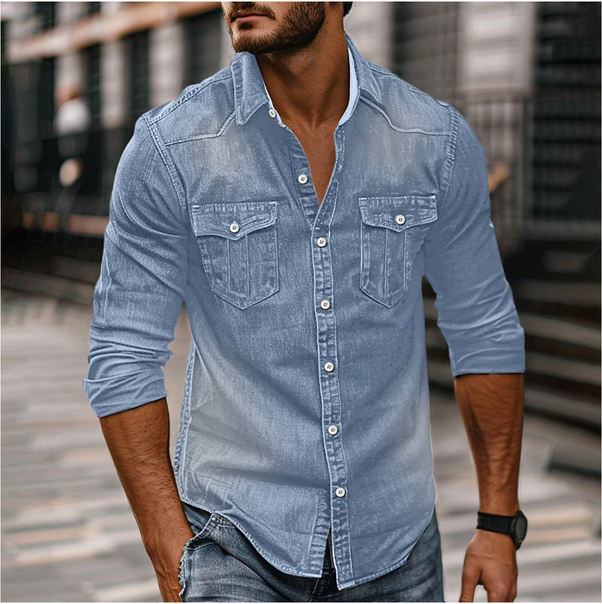 Dama Washington Soren men's denim shirt medium blue long sleeve button up - view 4