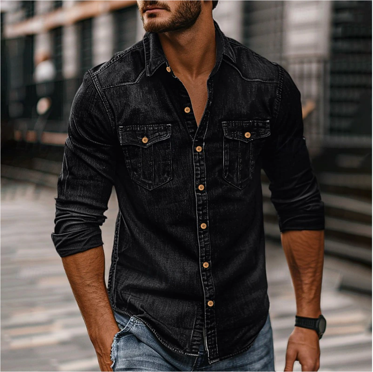 Soren | Men's Denim Shirt Medium Blue Long Sleeve Button Up