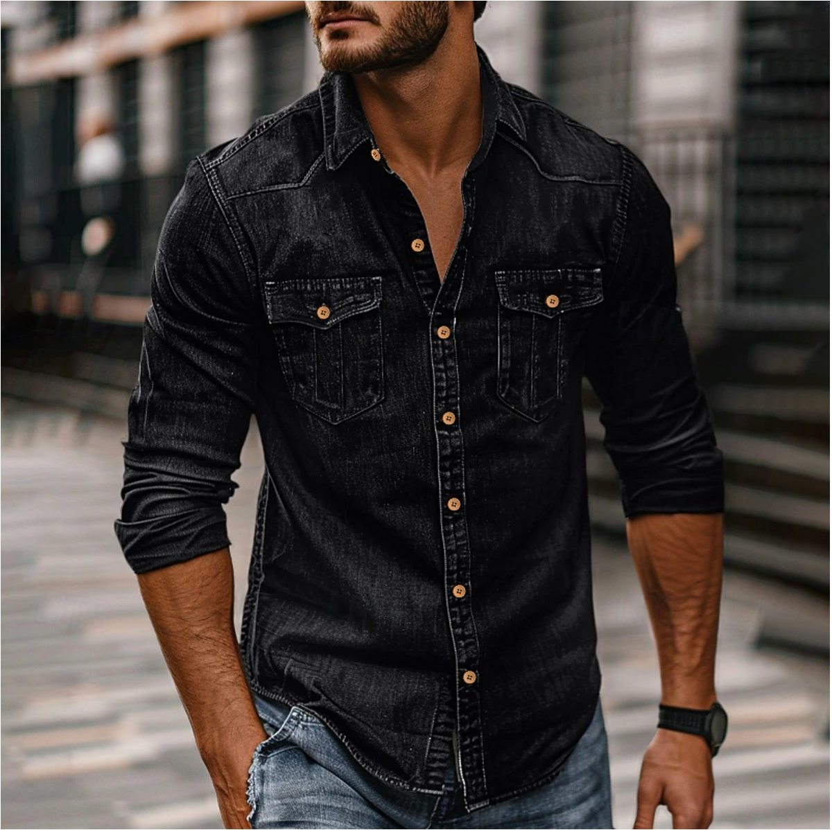 Dama Washington Soren men's denim shirt medium blue long sleeve button up - view 3