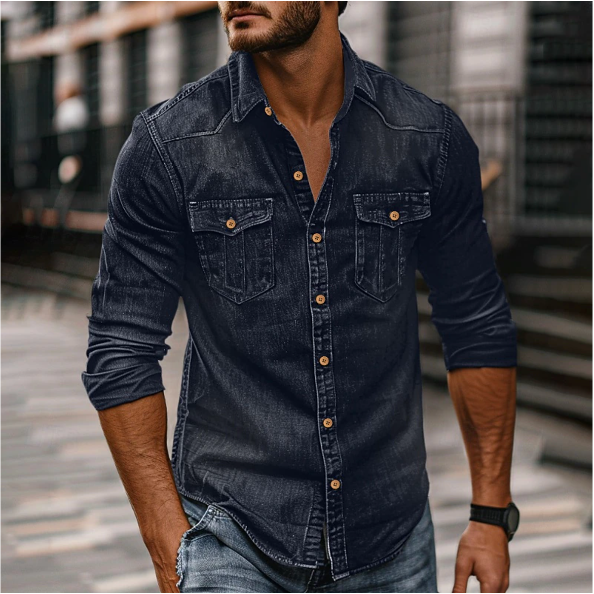 Soren | Men's Denim Shirt Medium Blue Long Sleeve Button Up