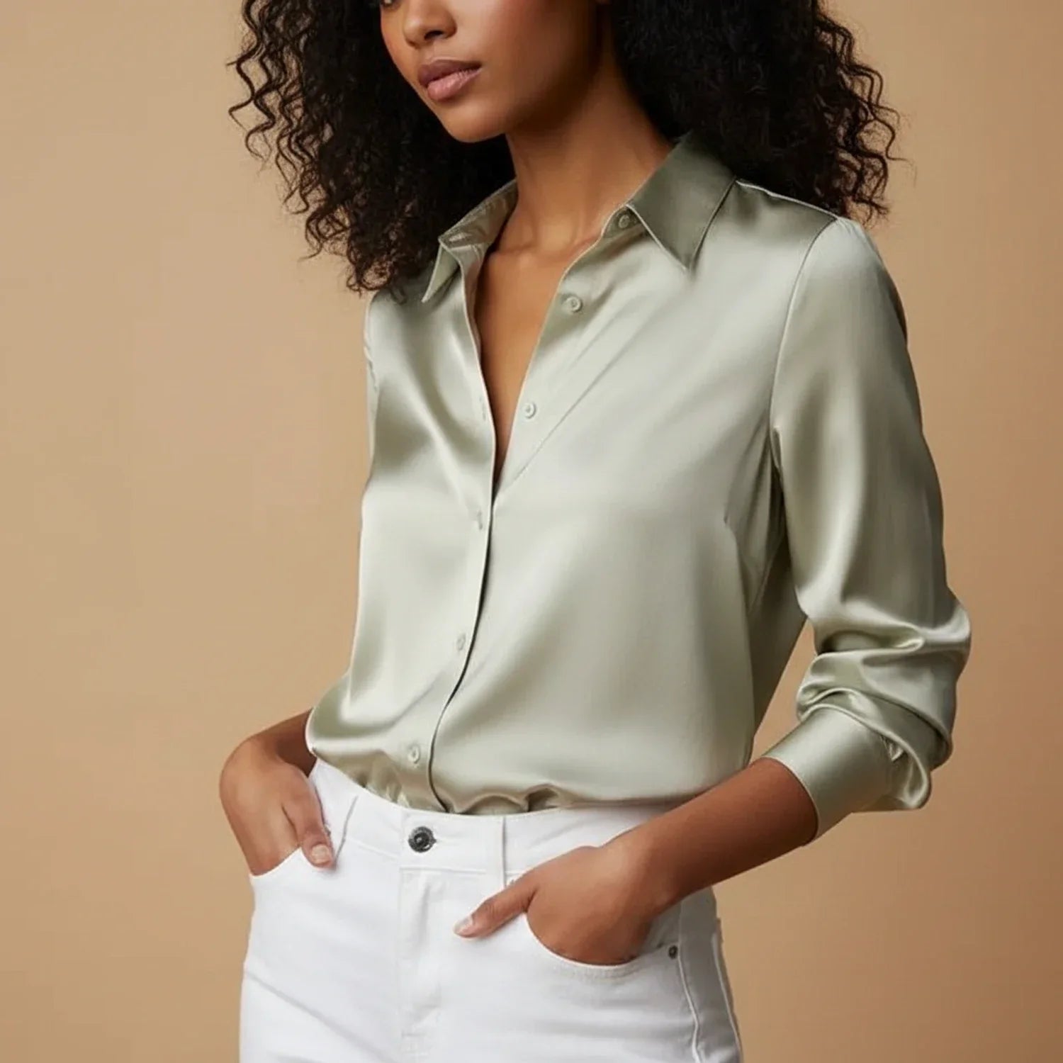 Mia | Women's Long Sleeve Button Down Shirt Cream