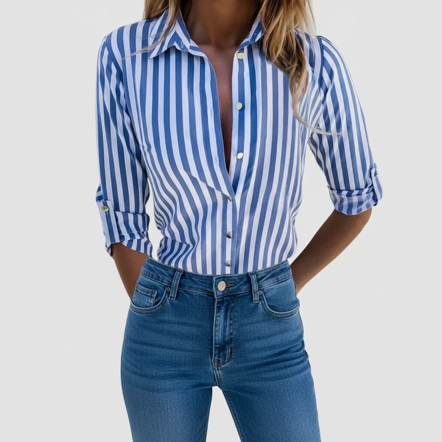Vera | Women's Striped Button Down Shirt Blue White