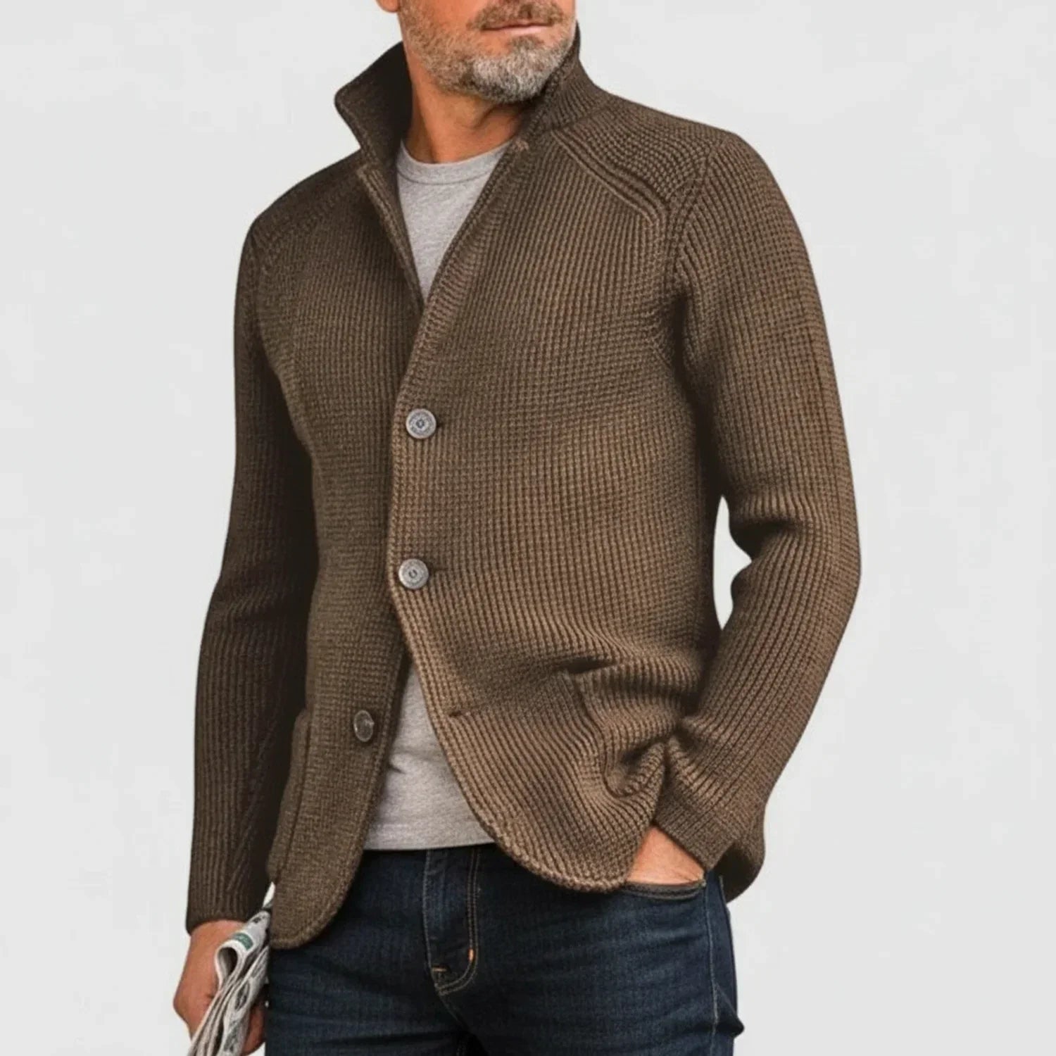 Rowan | Men's Ribbed Button Front Cardigan Brown