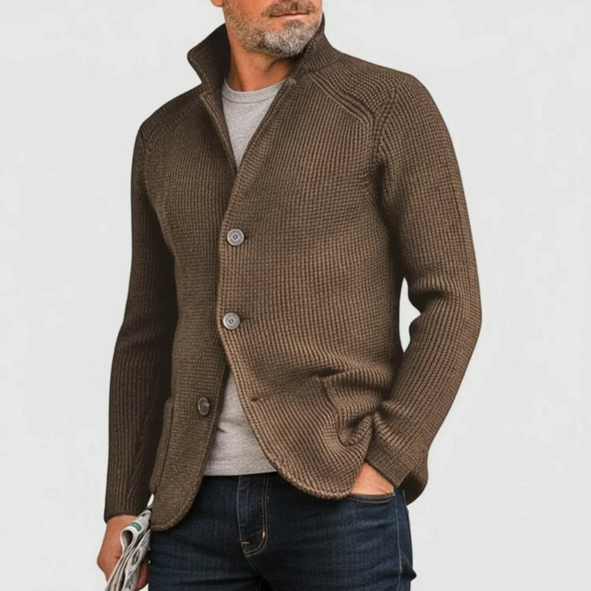 Dama Washington Rowan men's ribbed button front cardigan brown - front view
