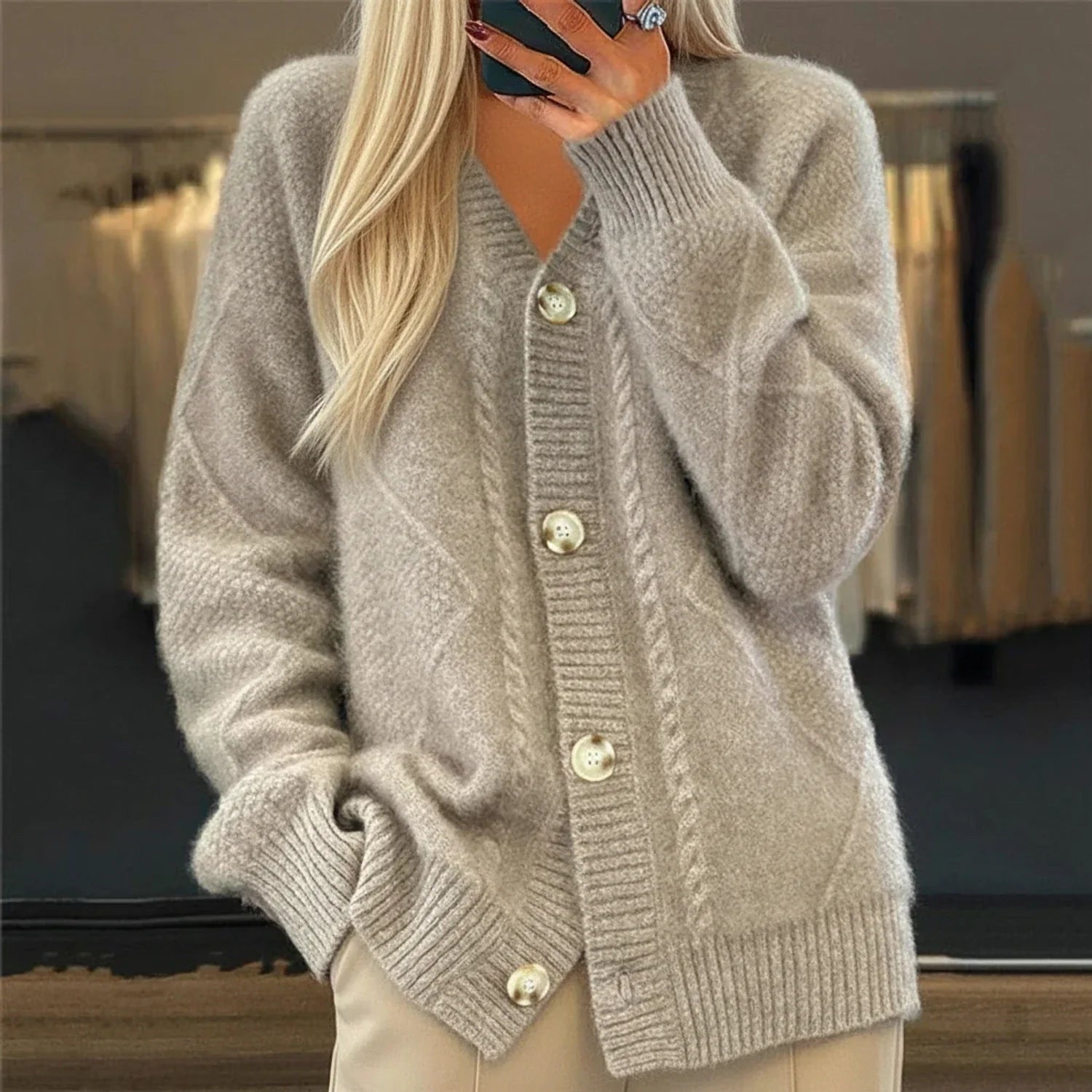 Sable | Women's Cable Knit Cardigan Cream Button Front